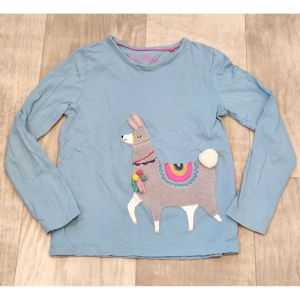 Mini Boden Llama Girls 9/10 Top Long Sleeve Pom Textured Embroidered Applique